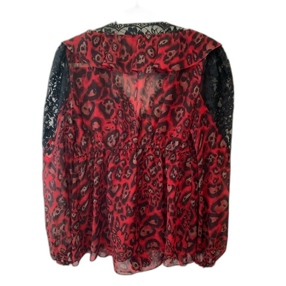Boston Proper Sheer Red  Black Animal Print Lace Peplum Tunic Top Size 10 - Picture 3 of 13